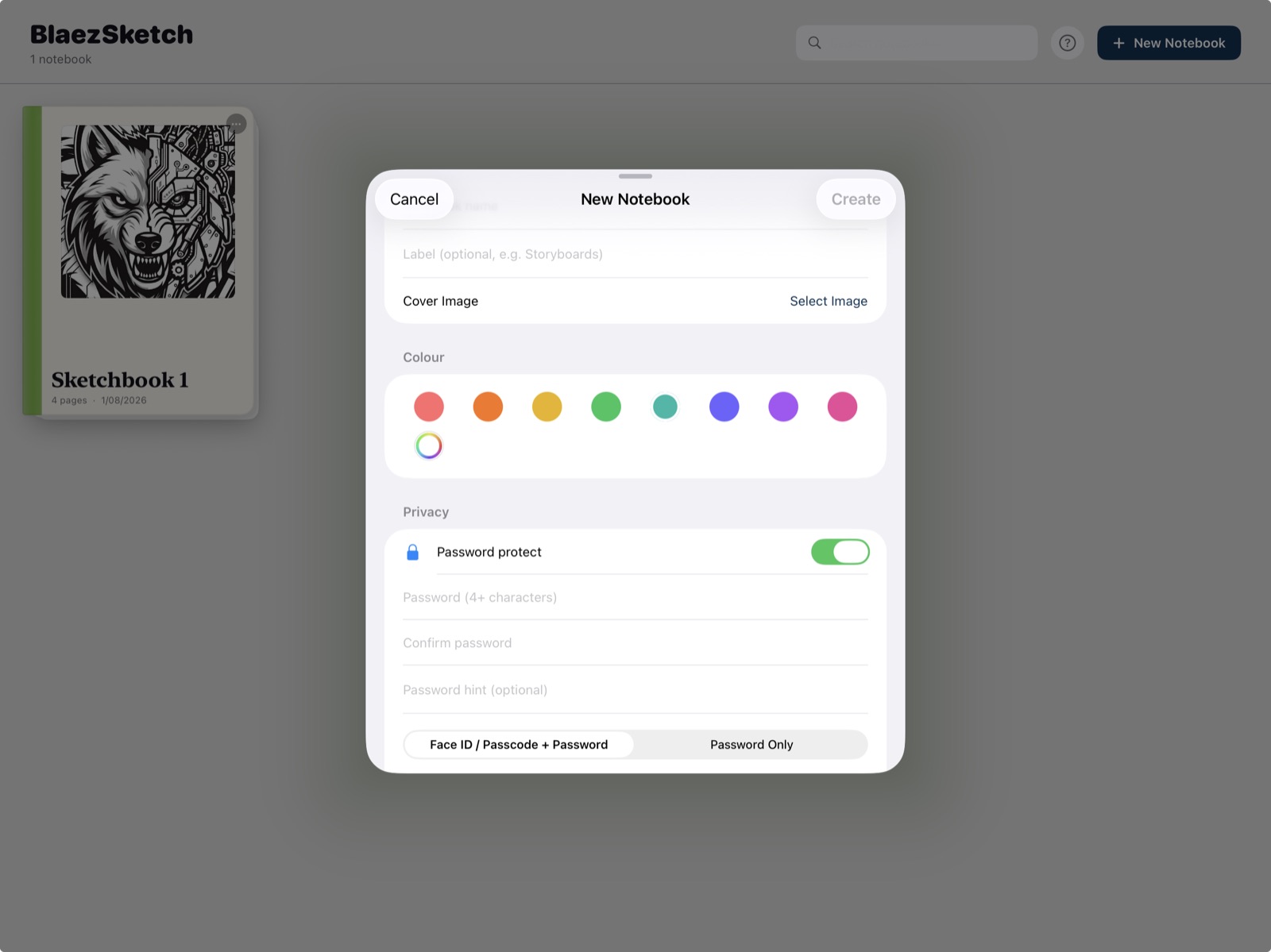 BlaezSketch password dialog for unlocking a protected notebook