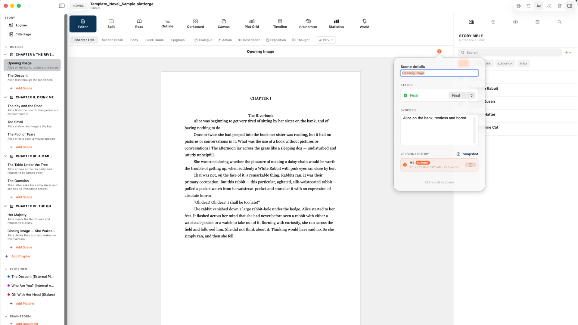 BlaezForge novel editor with outline sidebar and Alice dialogue appearances