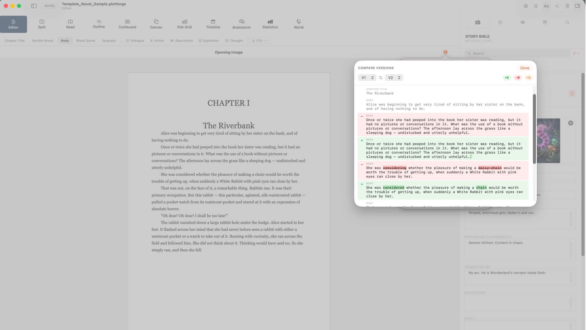 BlaezForge compare versions view showing word-level diff between two scene drafts